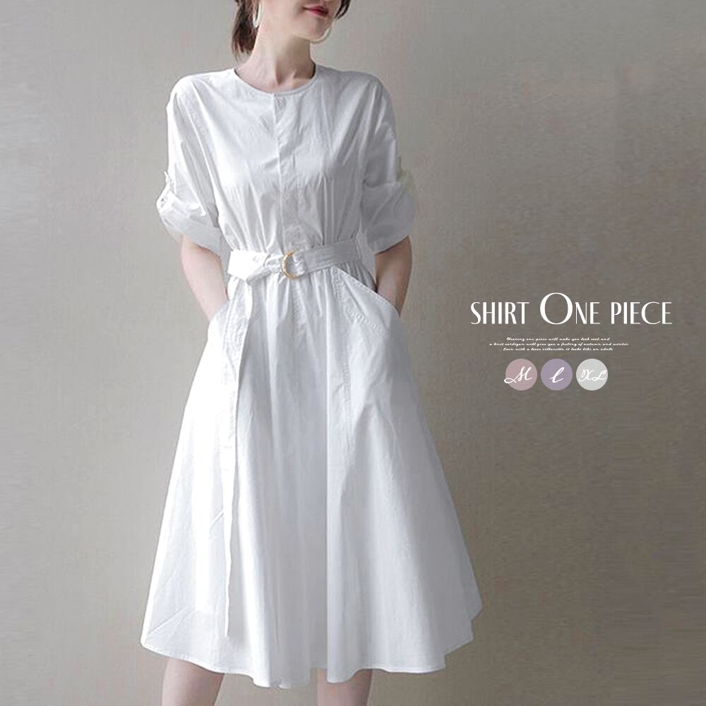 半袖シャツワンピース クールネック韓国風