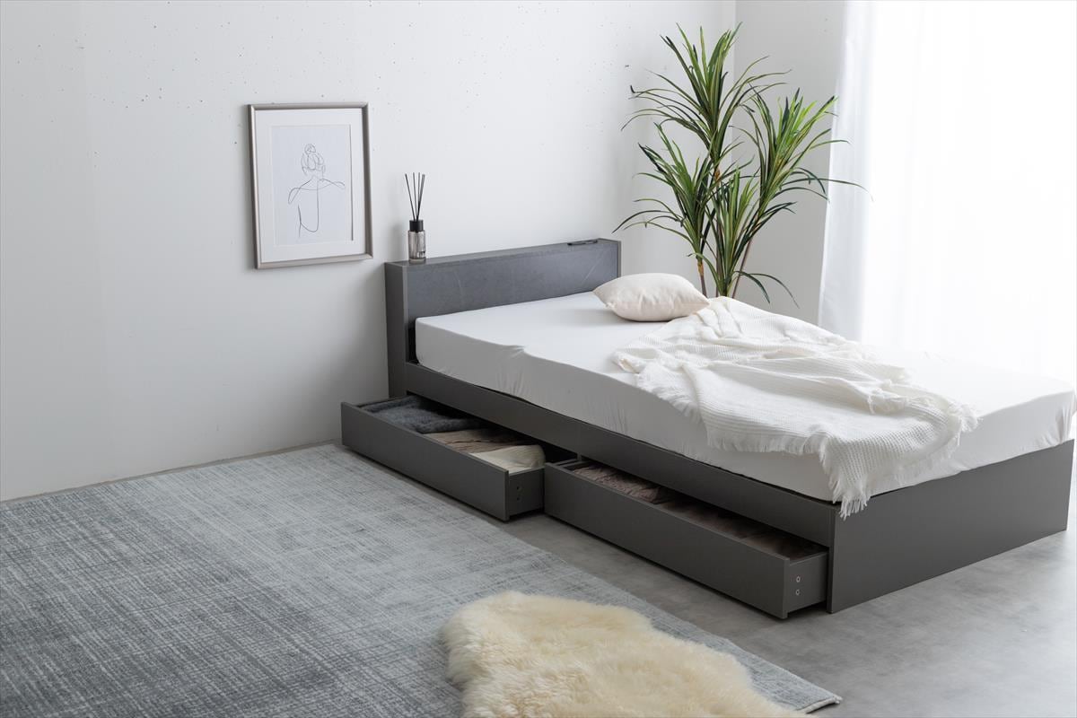 シングル】ストーン柄が高級感漂う宮棚&コンセント付き引き出し収納