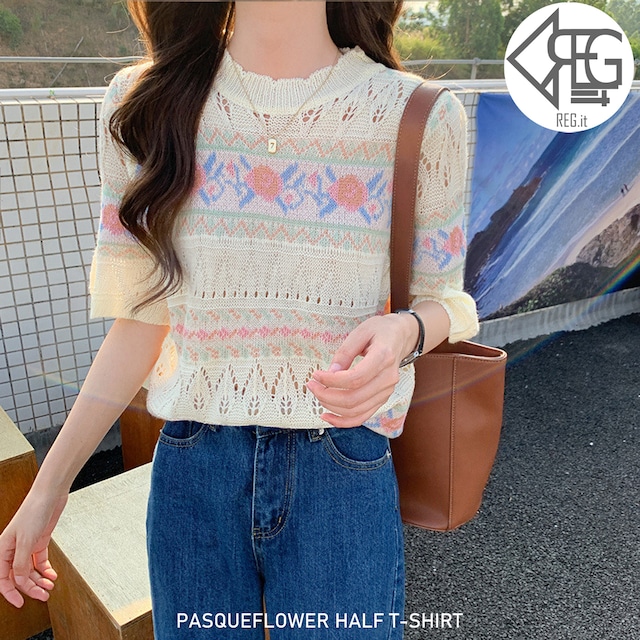 【REGIT】PASQUEFLOWER HALF T-SHIRT S/S 韓国ファッション トップス 半袖 Ｔシャツ ニット 花柄 フェミニン 透け感 10代 20代 プチプラ 着回し 着映え ネット通販 TPN004