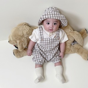 【夏作】帽子付きドットORチェックサロペット＆ライオンプレゼントシャツ3点セット　全2色