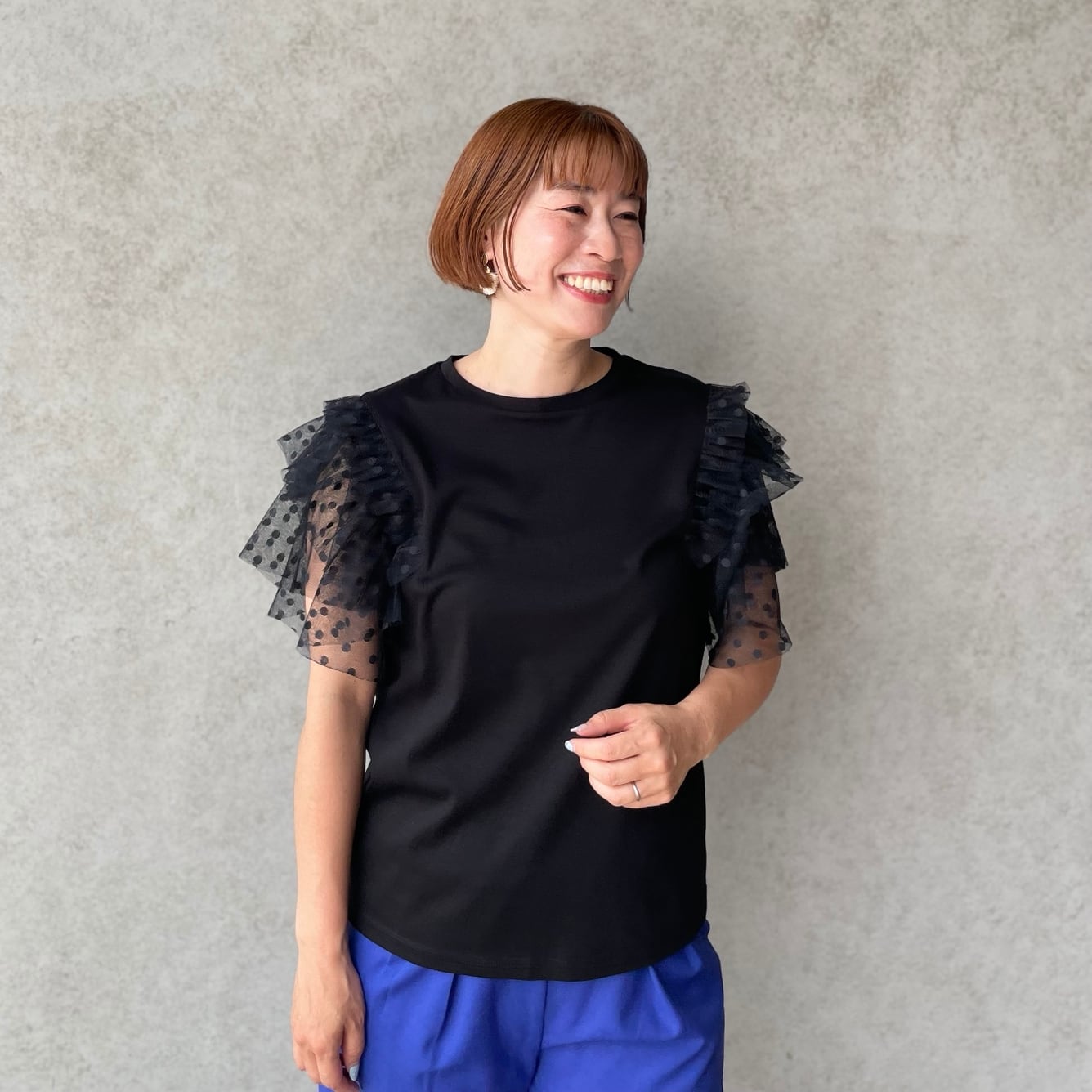 t*に様 keep my closet ドットチュール袖コットン 黒 涼さら【ゆったり着痩せ】360℃大人可愛い♡ドットチュール袖コットンT