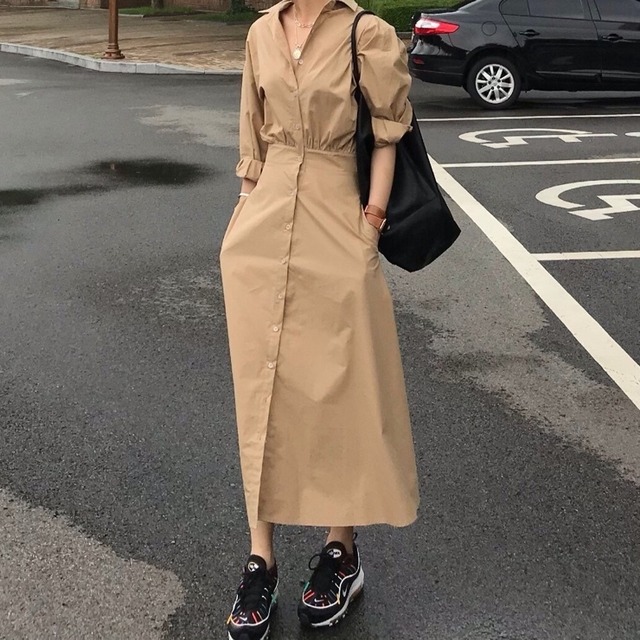 パフスリーブシャツワンピース ワンピース シャツワンピース ロング ロング丈 袖あり 長袖 パフスリーブ 襟付き フレア Aライン ウエストマーク 前開き かわいい 大人可愛い シンプル カジュアル おしゃれ お洒落 大人可愛い 大人女子 無地 春 夏 秋 10代 20代 30代 レディース 学生 通学 デート お出かけ 女子会 休日 着回し 普段使い 韓国 韓国系 オルチャン サイズ S M 色展開 緑 グリーン 5265