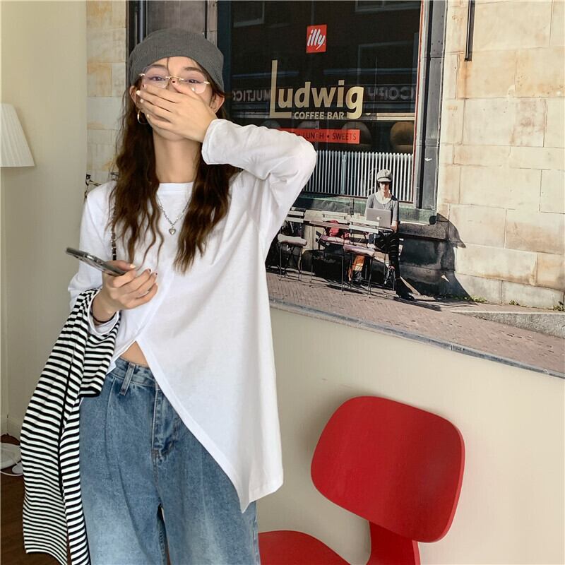 ホワイトルーズスリットTシャツ シャツ オータムトップス ロング 秋物 ピュア モンロー44552977092