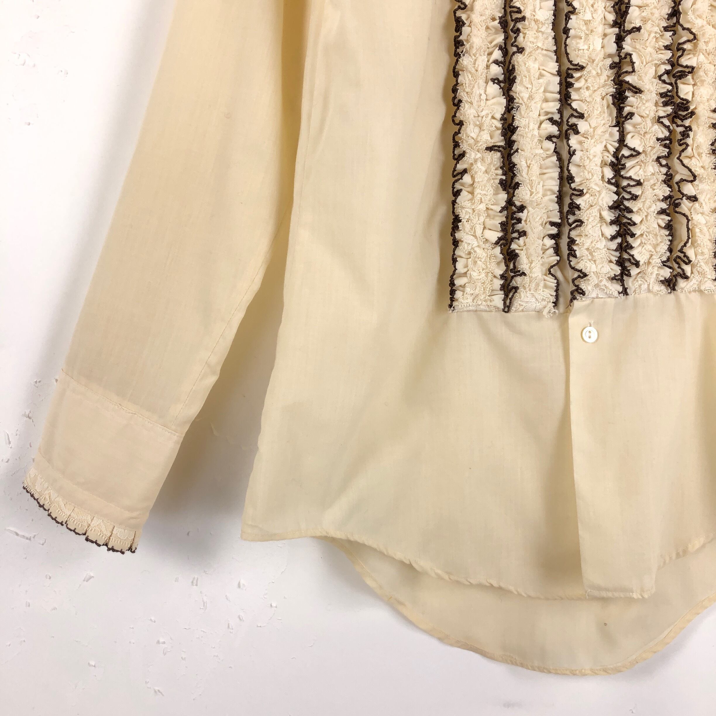 70s Mr.David ドレスシャツ フリルシャツ 長袖 イエロー系 M 古着  