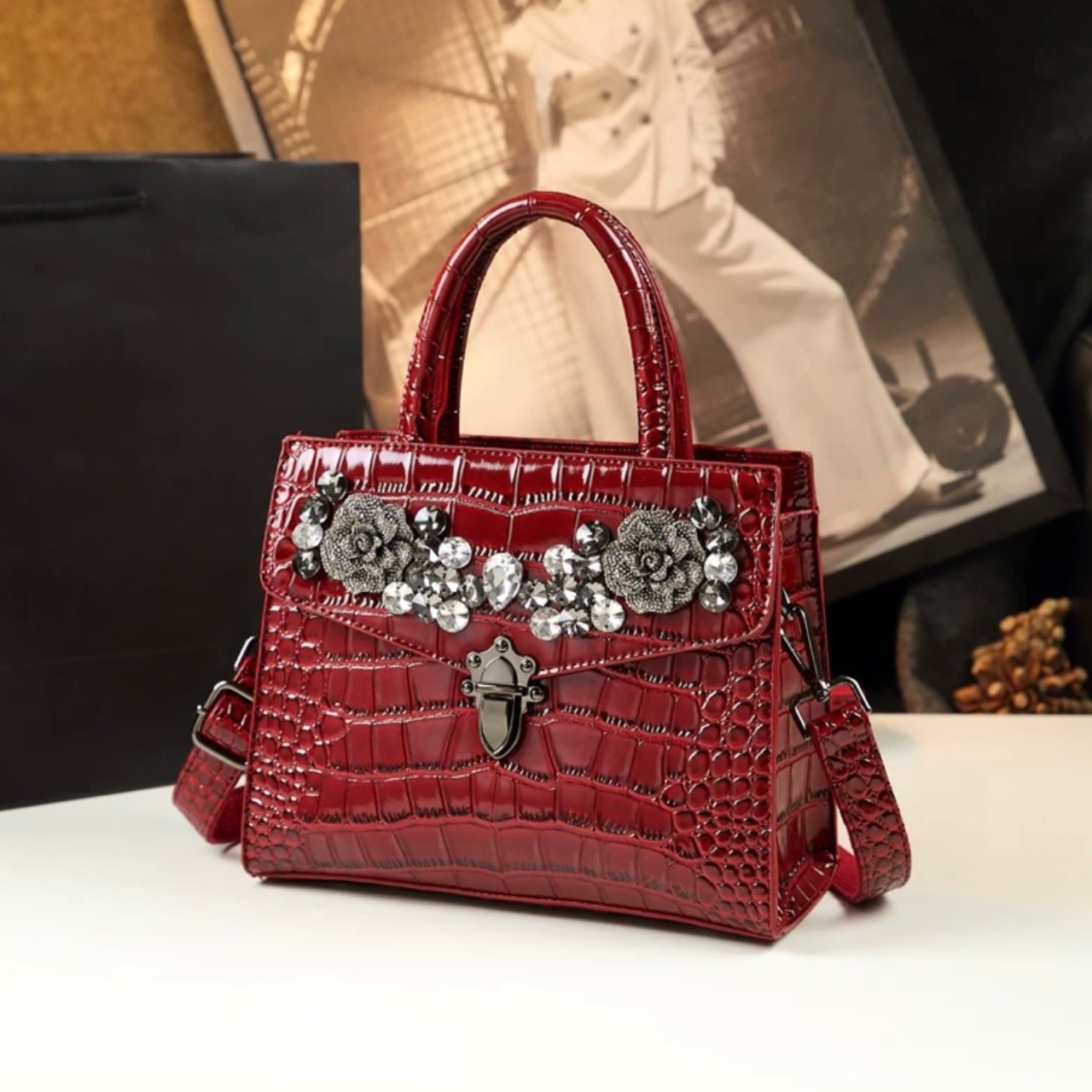 クロコダイル柄ローズビジューバッグ《3color》 | Dialily 