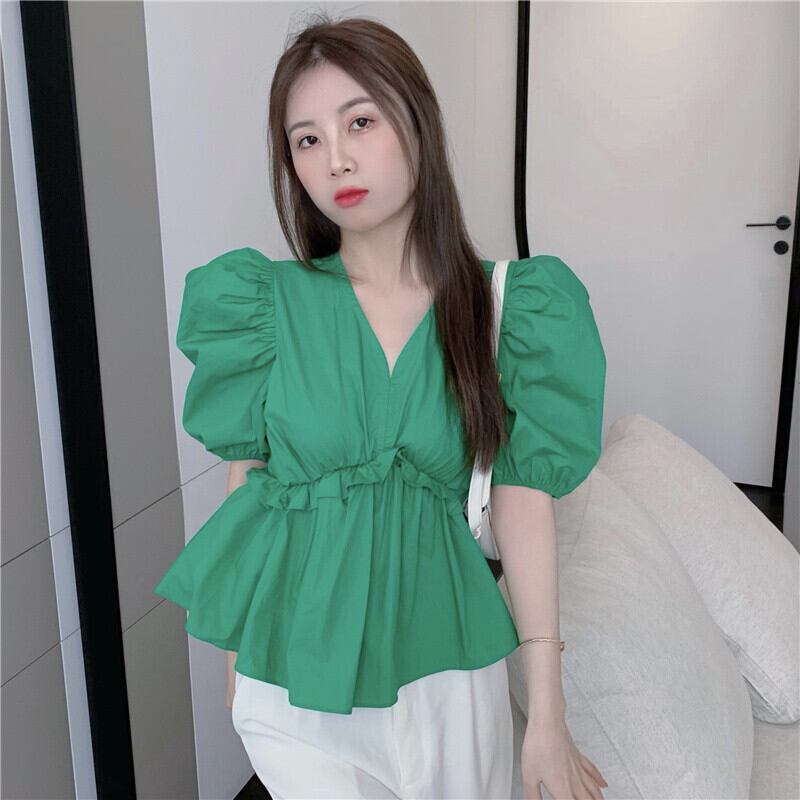 ソリッド カラーVネックウェストサマー薄手シャツ 夏物 ソリッドカラー ガールズファッション56806917223