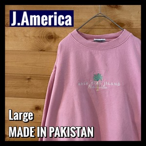 【J.America】刺繍ロゴ スウェット トレーナー ピンクボディ ヤシの木 レディースLサイズ アメリカ古着
