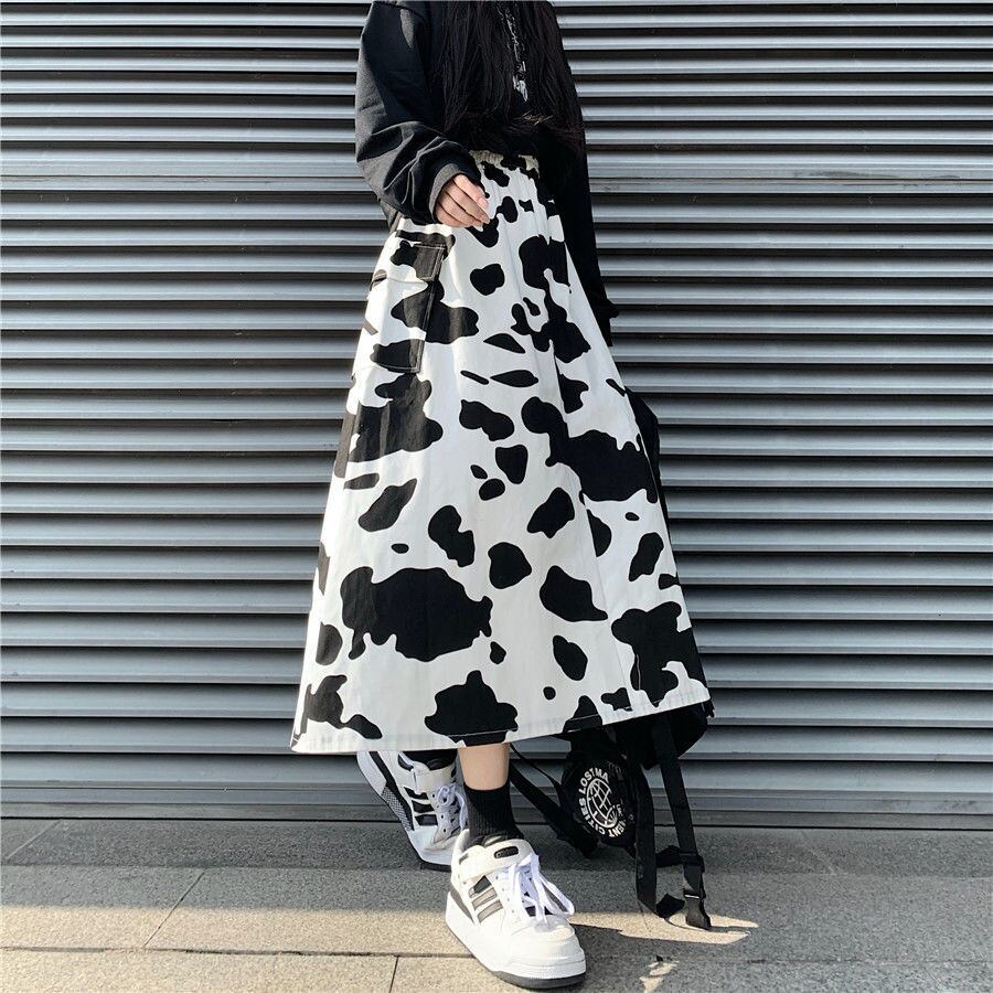 送料無料 HOUZHOU 牛柄カーゴスカートロング女性原宿ポケットパッチ