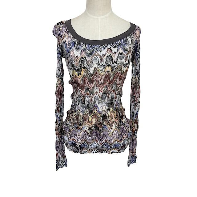 中古 ミッソーニ MISSONI 長袖 ニットセーター クリーニング済み ジグザグ柄 マルチカラー イタリア製 レディース Sサイズ 相当