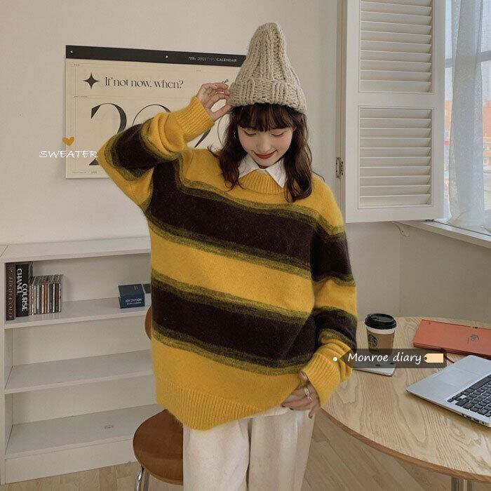スタンダードストライプセーター ルーズニットトップス ジャケット レトロ モンロー733719194