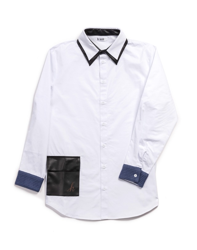 レザー使用ダブル襟袖ニット切り替えシャツ(ホワイト)