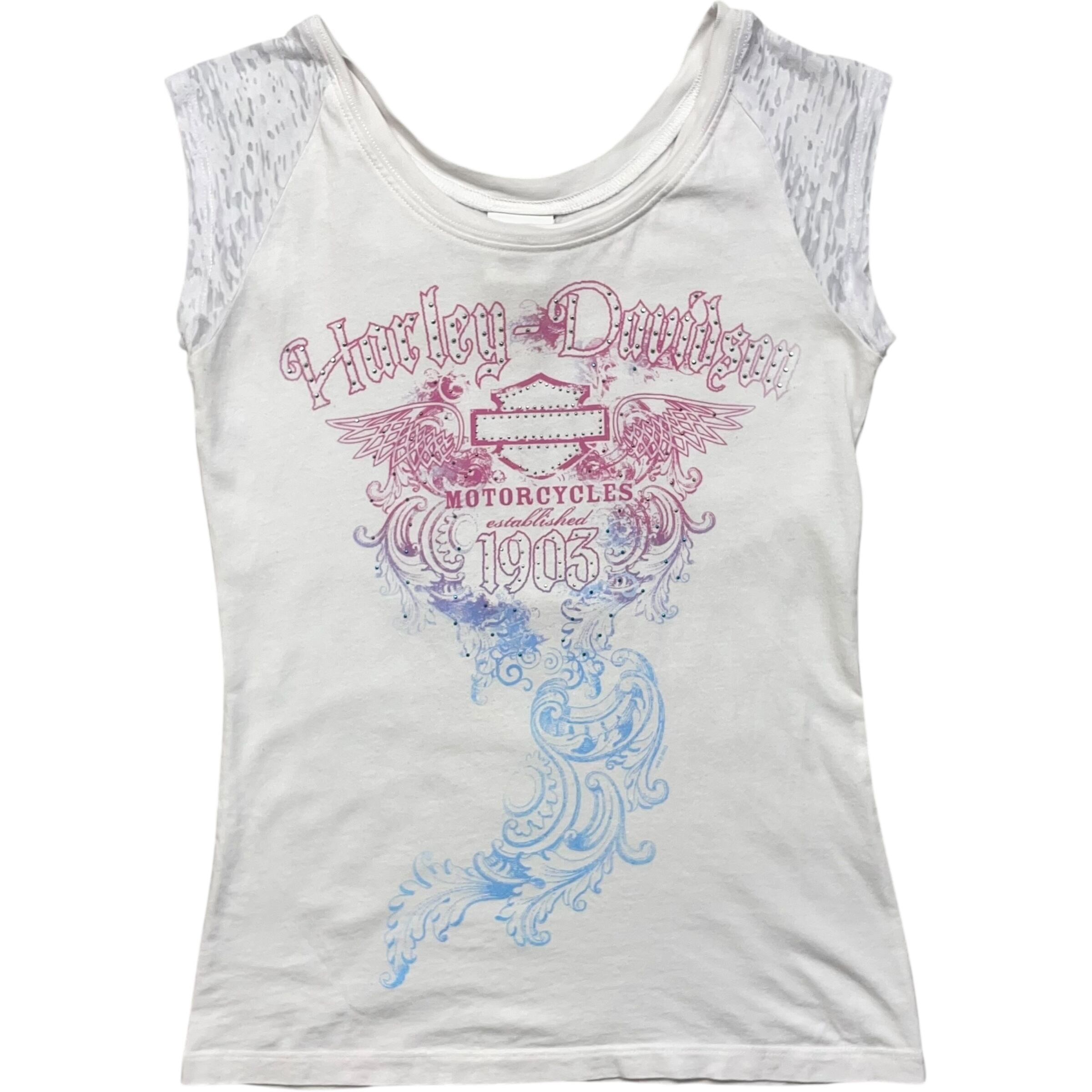 《レディースS》Harley-Davidson ハーレーダビッドソン ノースリーブTシャツ ロゴ ラインストーン 両面プリント no.8424