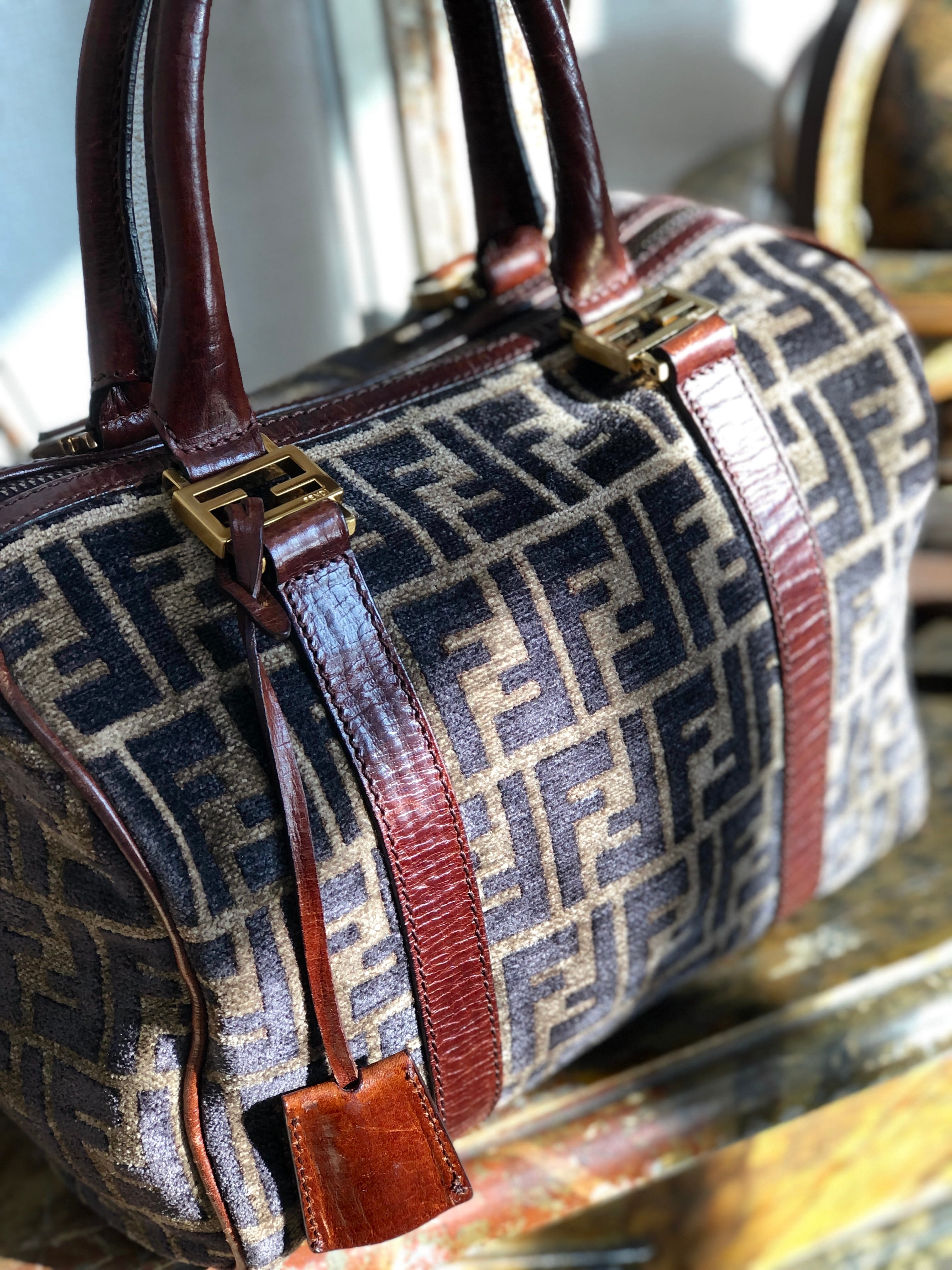 FENDI フェンディ　ズッカ　カデナ　ベロア×レザー　ミニボストン　ハンドバッグ　ブラウン　vintage　ヴィンテージ　オールド　3784cm |  VintageShop solo powered by BASE