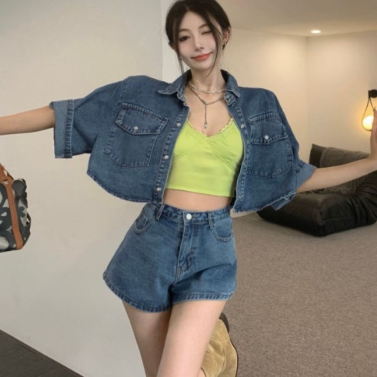 デニム セットアップ レディース 韓国 夏 半袖 デニムジャケット 