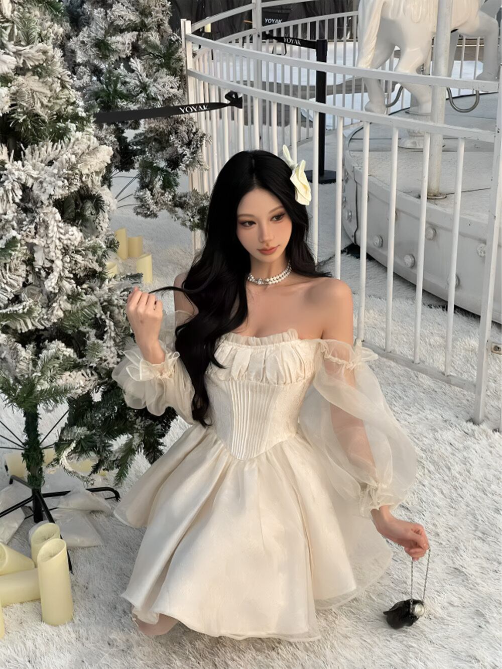 ワンホン｜シースルースリーブドレープオフショルダーワンピース