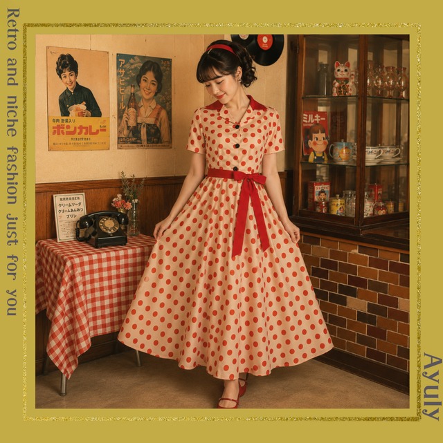 ヴィンテージ調 ドット柄 Aラインワンピース 1950年代スタイル（5色）　26234
