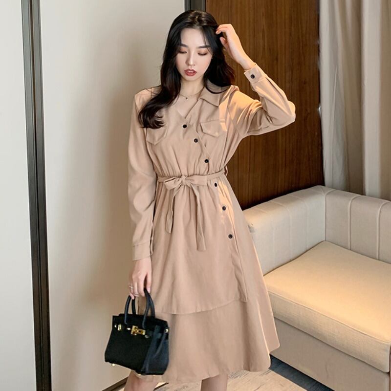 スプリングウェスト薄手スタンダードシャツ スカート Vネックドレス ロング レトロ 春物 YY-ファッション98179043784