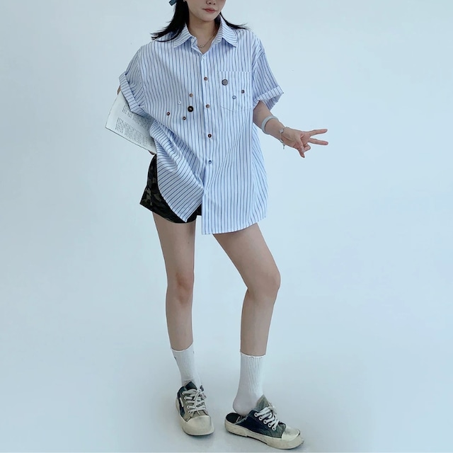 blue stripe multi-button short-sleeve shirt　ブルーストライプマルチボタン半袖シャツ　J2090