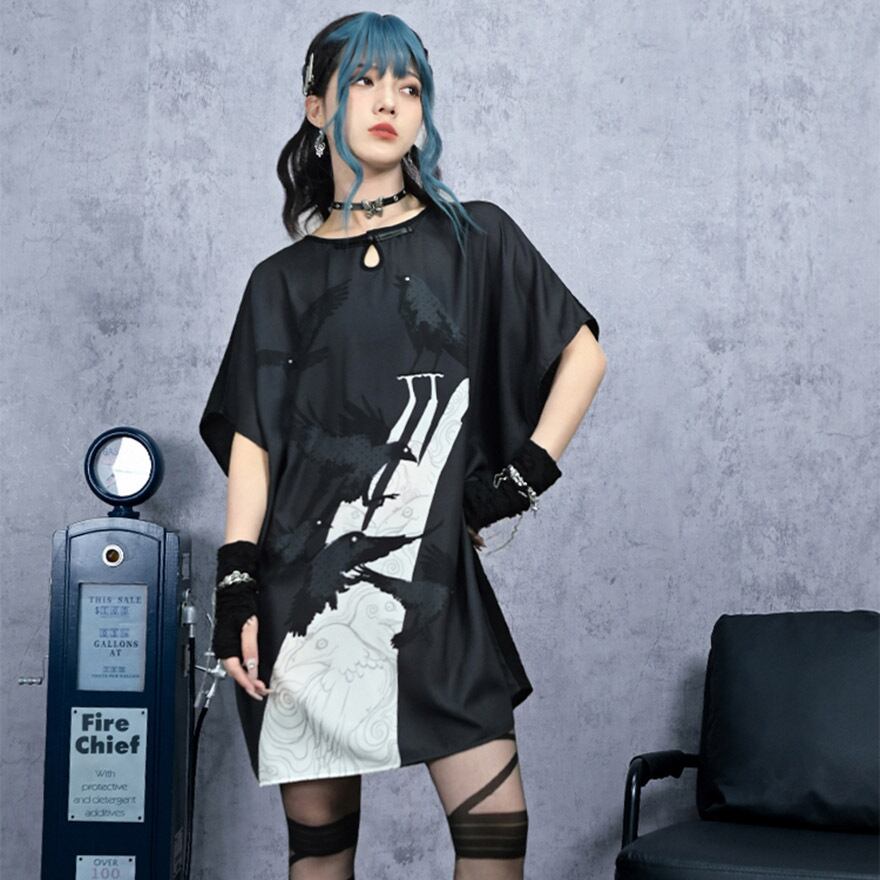 チャイナ風 中華服 古怪舎 シャツワンピ ロングTシャツ 鴉 プリント柄 中華系ファッション 30代コーデ