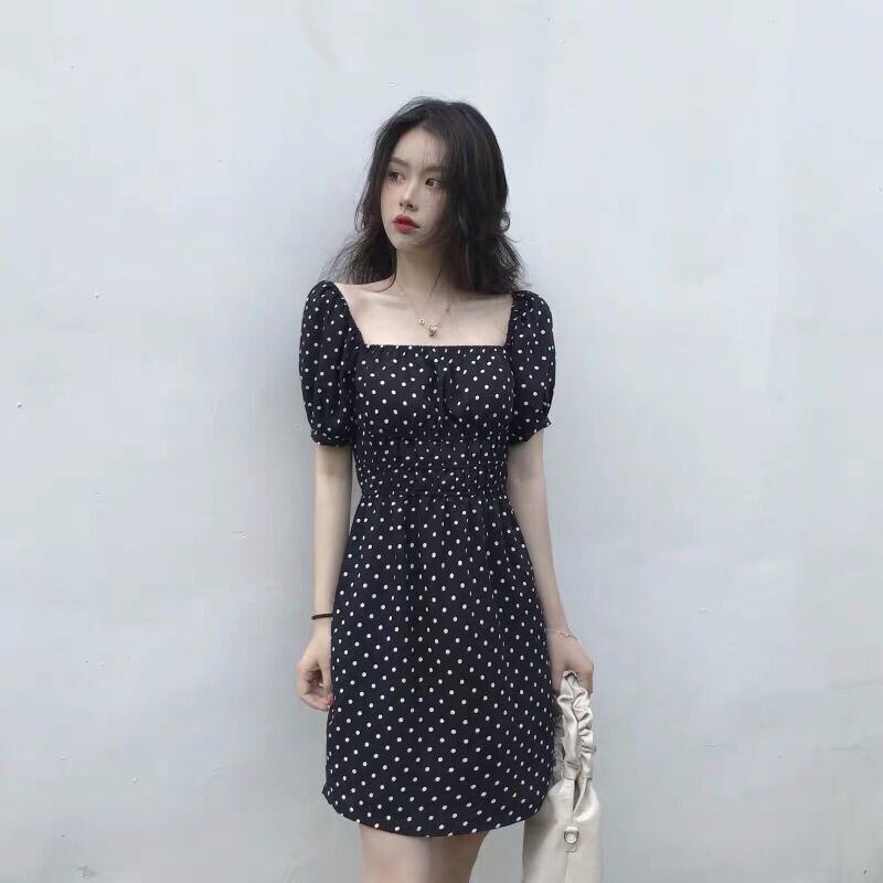 【新作】【送料無料】 ホットガールワンラインカラーショートドレス女性の夏の新しいフレンチポルカドットウエスト痩身オフショルダー甘いティーブレイクスカート 0285926007934