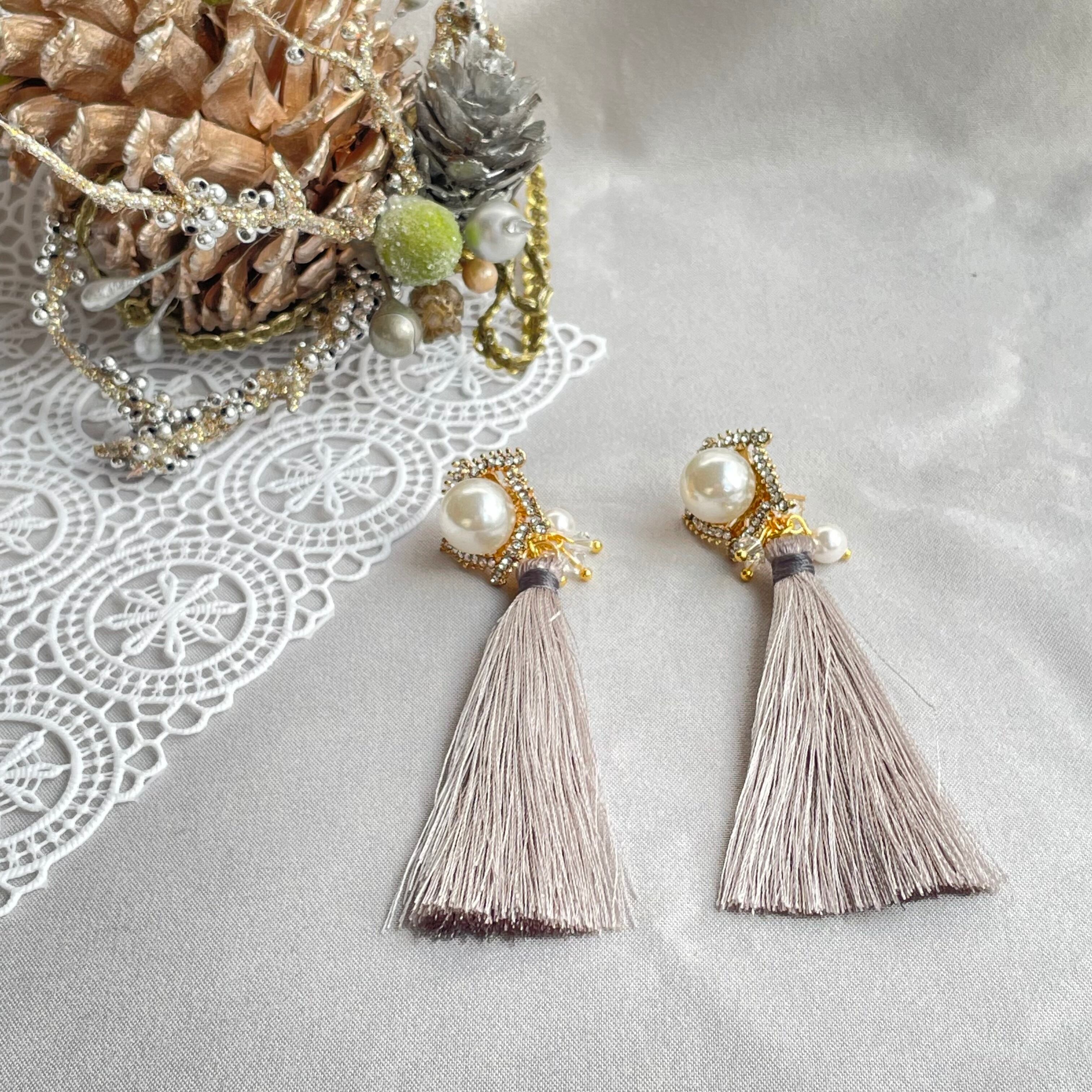 再販】パールカボション×サラサラロングタッセルピアス／イヤリング  