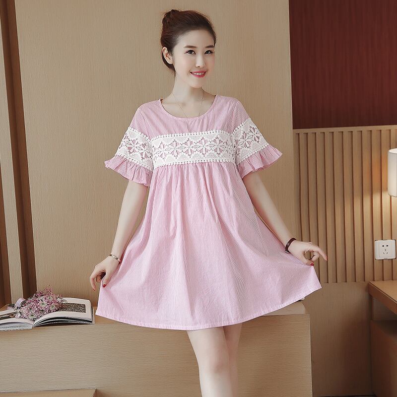 【新作】【送料無料】 マタニティ看護服Oネック半袖レースパッチワークAラインドレス妊婦ストライプママ母乳育児ドレス ショート ハーフスリーブ AL expec384625018557