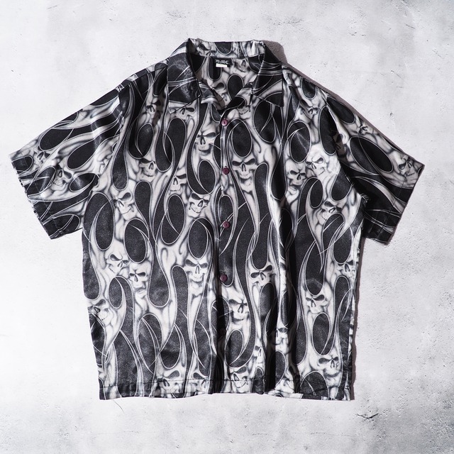 skull flame printed vintage open collar shirt (made inUsa)