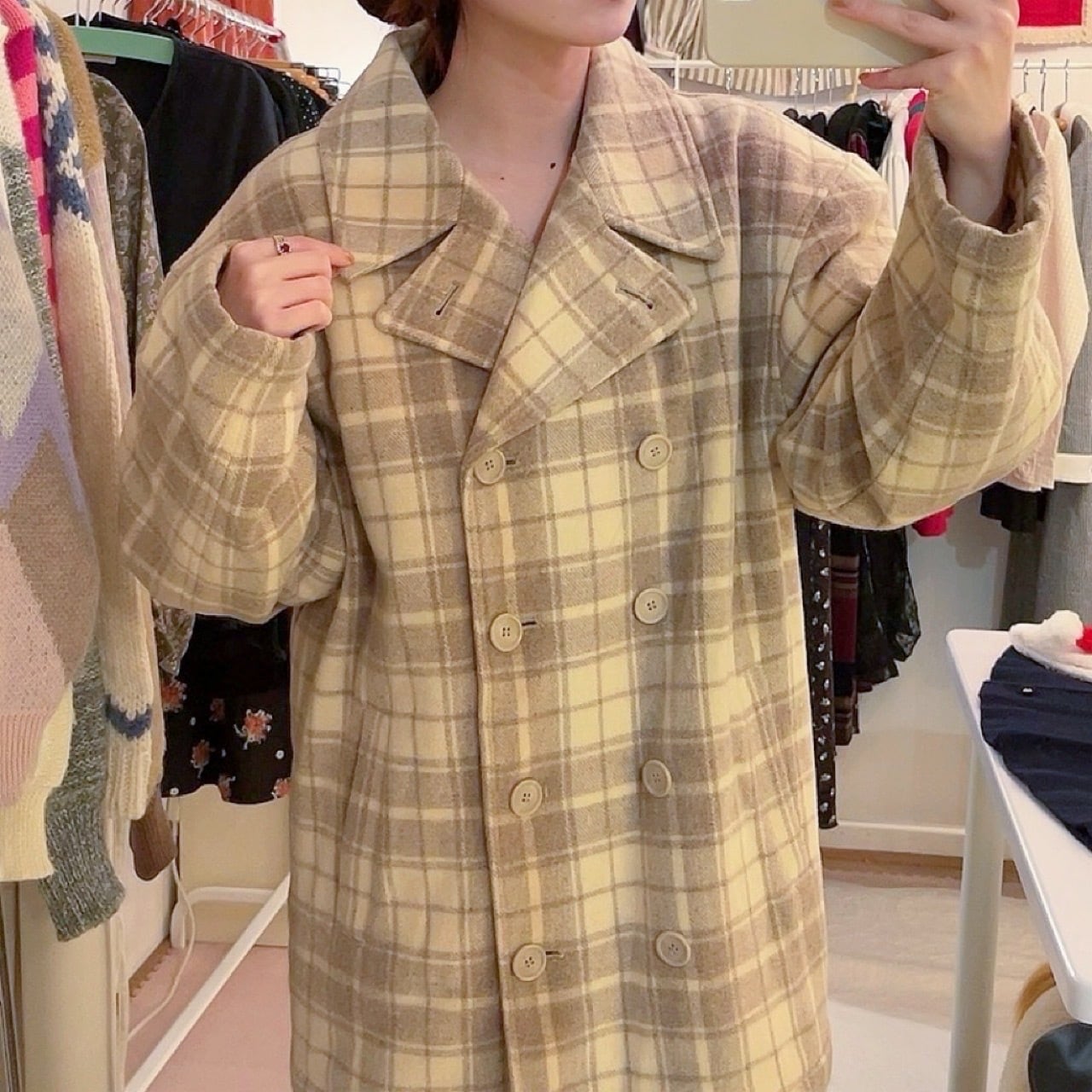 cream check big pea coat