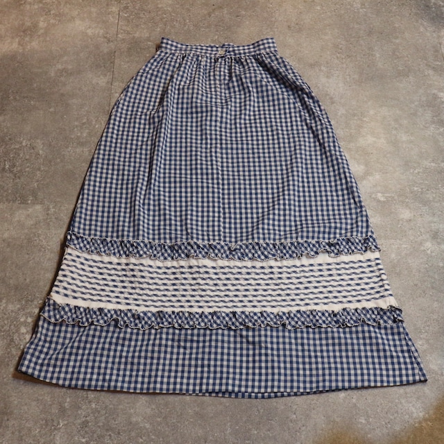 70s GINGHAM CHECK FRILL LONG  SKIRT 【 DW41】