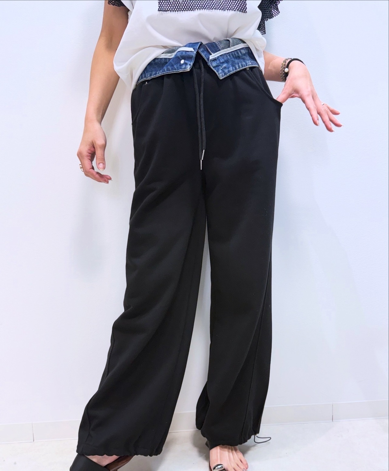 ミカーレミカーレ MICALLEMICALLE ダブルウエストワイドスウェットパンツ