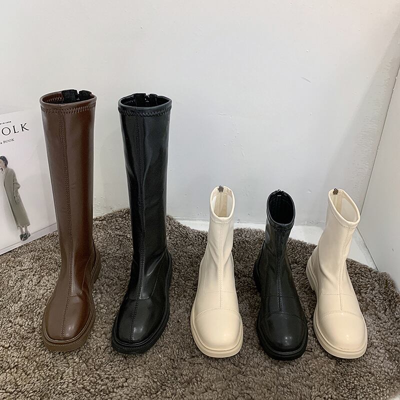 ブーツレディーススタイルカジュアルジッパーソリッド カラーレッド 靴 シューズ ラウンドトー ソリッドカラー フェイクシューズ16323846821