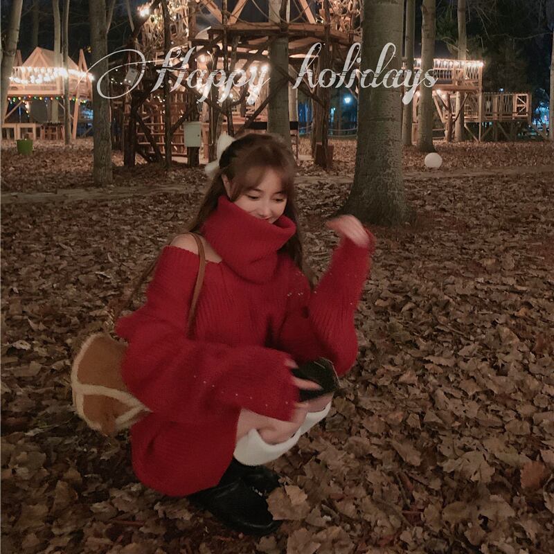 セーター ルーズレッドオータムウィンタースタンダードトップス レトロ 秋物 冬物 ブラックストロベリース56370042577