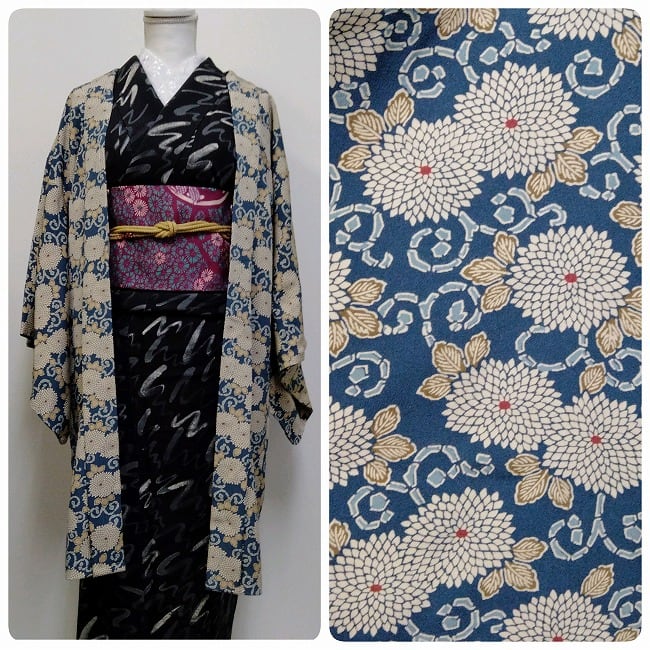 ☆ 新品 未使用 長羽織 菊 正絹 裄67.5 ☆ n510 | 縁側・ちゃぶ台 お着物や 