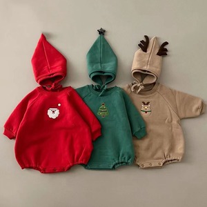 【BABY】冬作クリスマスデザイン帽子付きロンパース