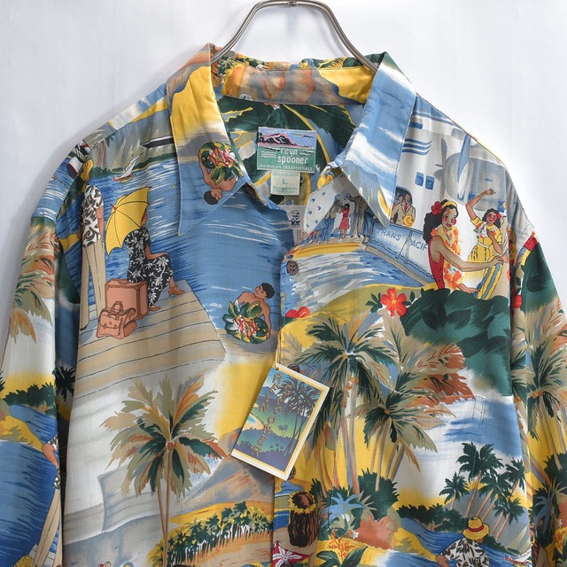 Dead Stock 90s Reyn Spooner レインスプーナー 40sモチーフ 総柄 レーヨンアロハシャツ トランスパシフィック ホノルルクリッパー ホリゾンタル ヴィンテージ ハワイ ビンテージ USA アメリカ古着 メンズLサイズ
