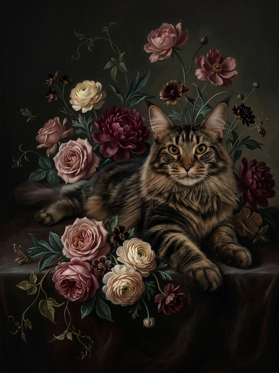 猫（メインクーン）の花に囲まれた油絵風アート A3額装インテリア