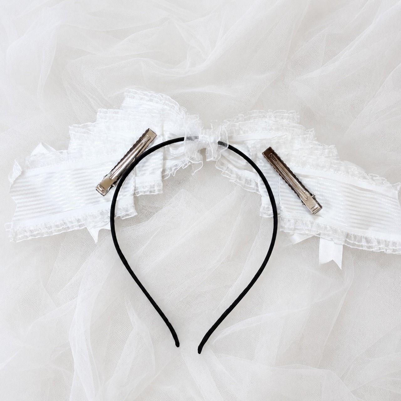 ♡【全10色】ドーリープリンセス パール&ドットサテンリボン 2wayヘアクリップカチューシャ white×pink ♡