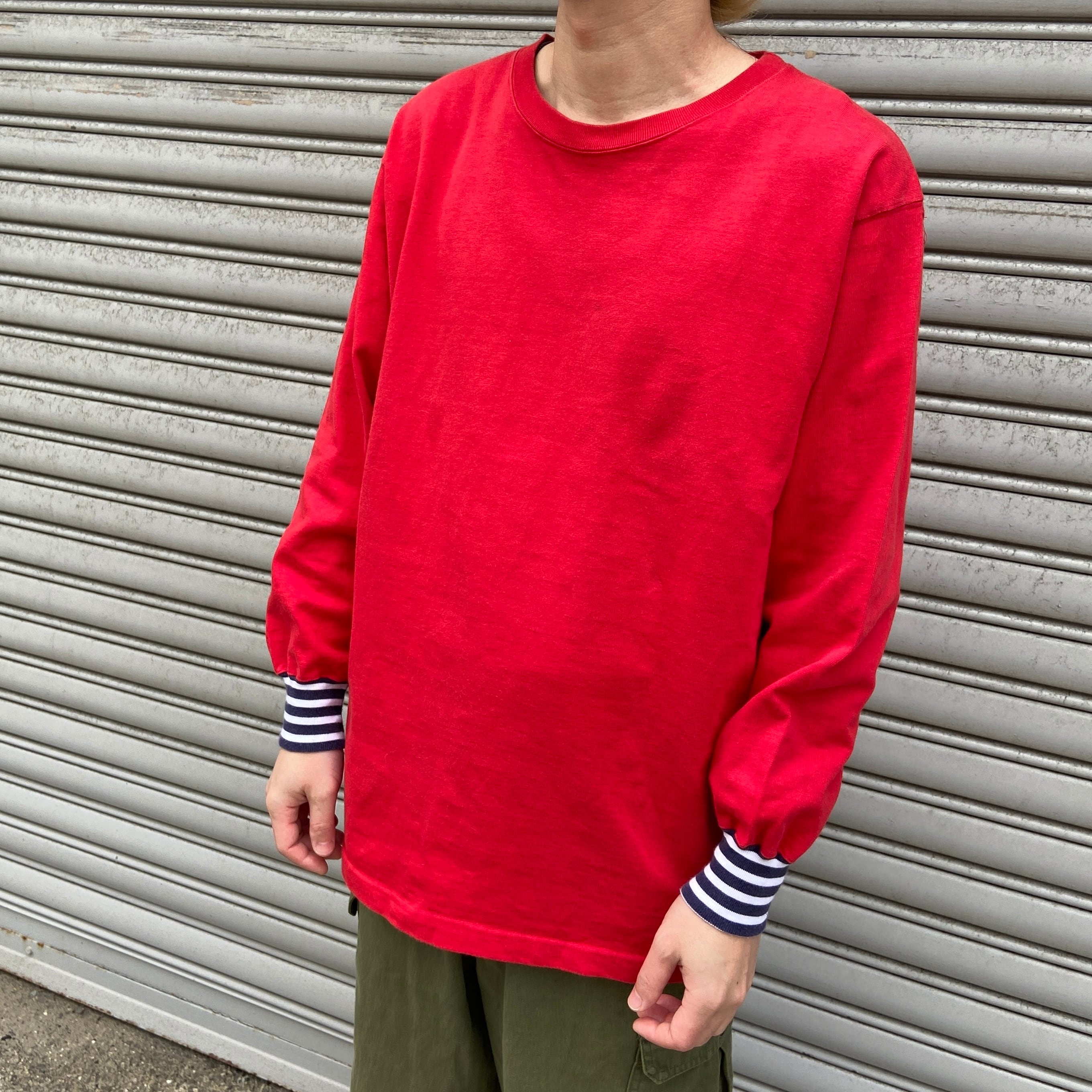90s RalphLauren ワンポイントロゴロンT 袖口ボーダー 赤 L相当 | 古着