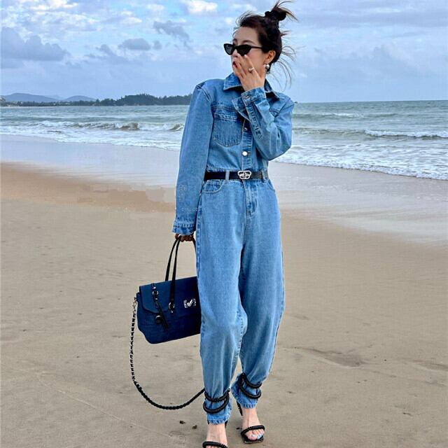 オールインワン ジャンプスーツ レディース 長袖 デニム ベルト付き おしゃれ カジュアル かっこいい Sサイズ Mサイズ