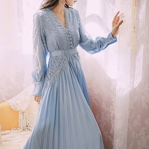 結婚式ドレス レトロ Vネック ハイウエスト 綺麗め レース 長袖 発表会 演奏会 レディース 結婚式 ステージ衣装 ロング丈 エレガント ウエディングドレス カラードレス プリーツスカート