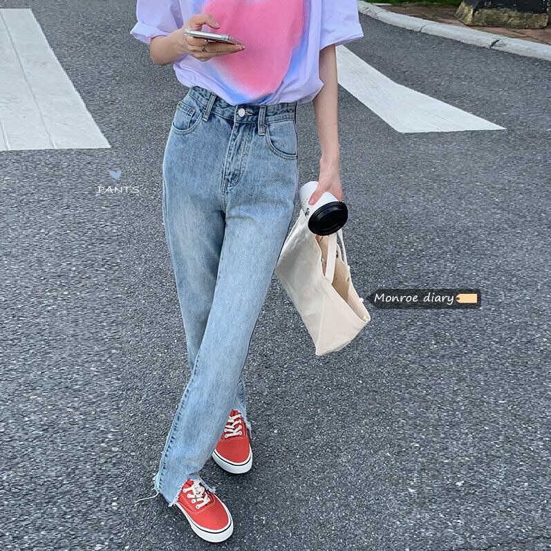 ブルースリットハイウェストウェストワイドレッグパンツ レディーススプリングオータム薄手ルーズ 春物 秋物 ワイドパンツ モンロー23620526754