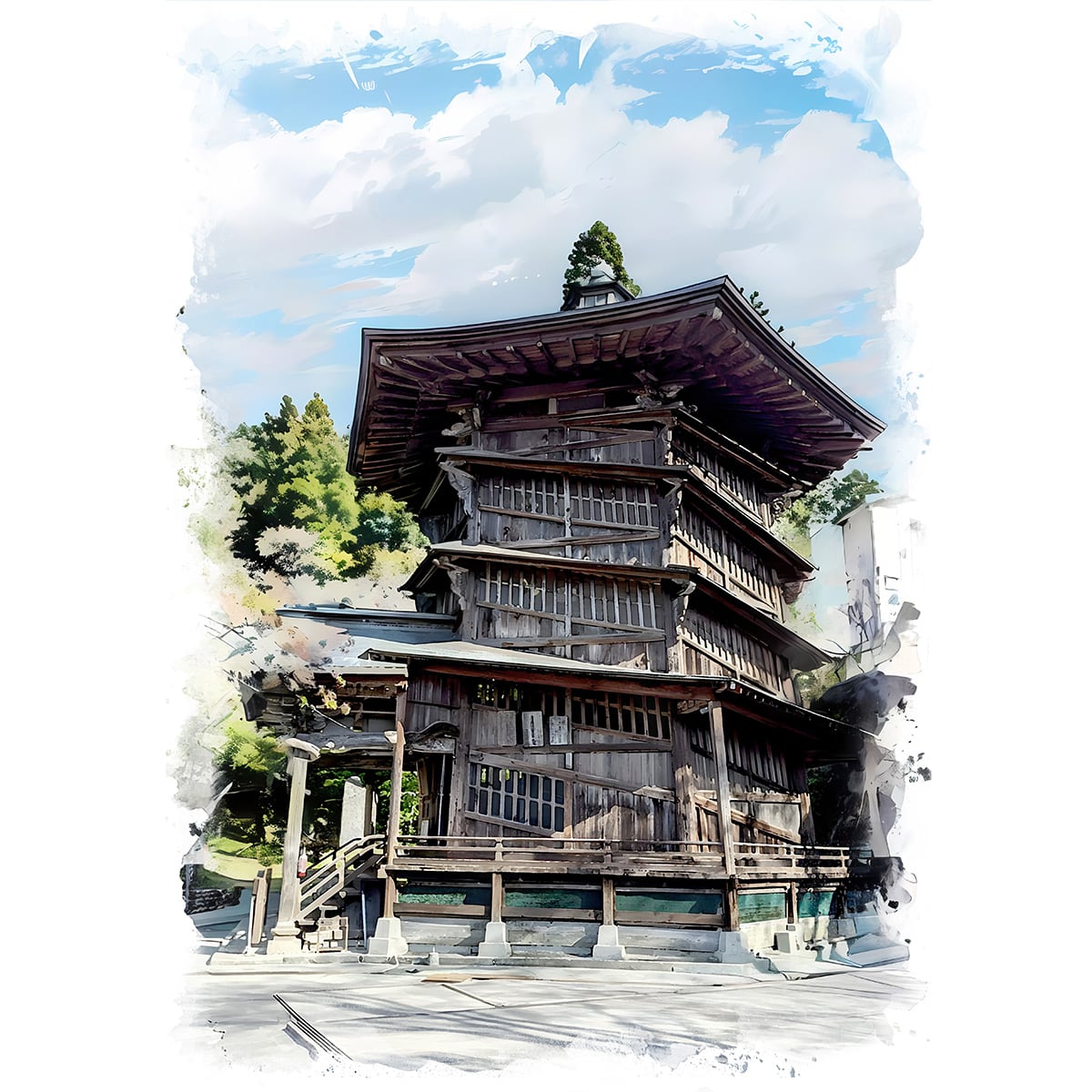 絵画(風景画) 日本 福島県 会津さざえ堂 (円通三匝堂) インテリア