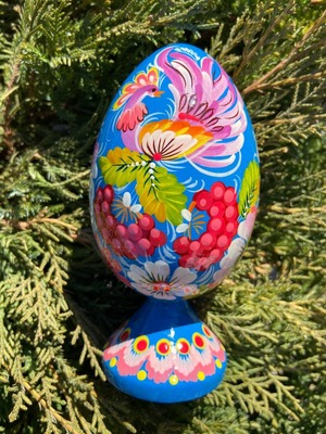 ペトリキウカ塗り　木製プィサンカ・スタンド一体型（イースター・エッグ）14cm（ホメンコ作）