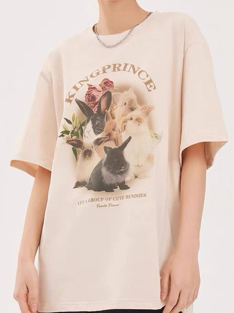 Y2K 半袖 Tシャツ プリント ダメージ 半T うさぎ キュート ラビットプリントTシャツ 休日コーデ カジュアル かわいい