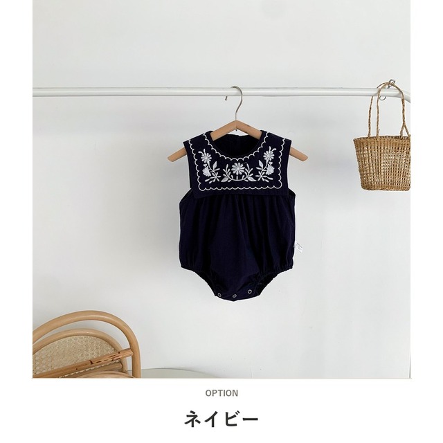 【BABY】フラワー刺繍セーラーカラーノースリーブロンパース - 2