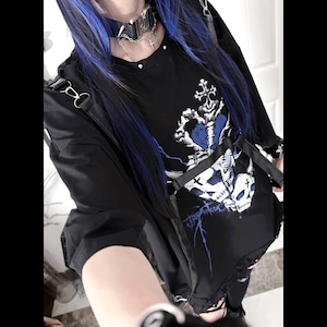 スカルキャットグラフィックハーネスベルトショートスリーブTシャツ(3パターンあり)(lli_7171)
