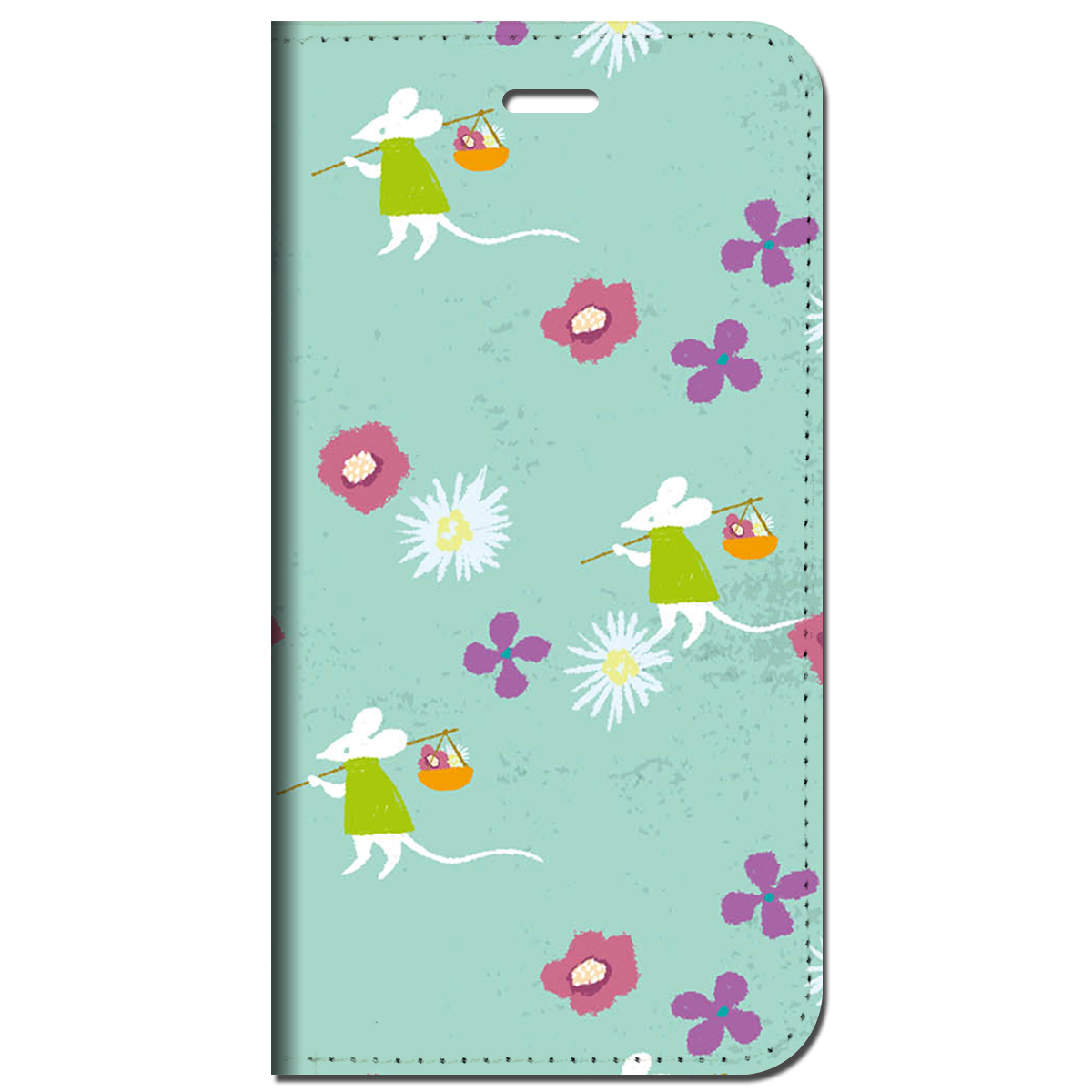 iPhone対応 スマホ 手帳型ケース ネズミとお花 ポップ イラスト 【iPhone16 / iPhone16e / iPhoneSE 他 iPhone各機種対応】 st42
