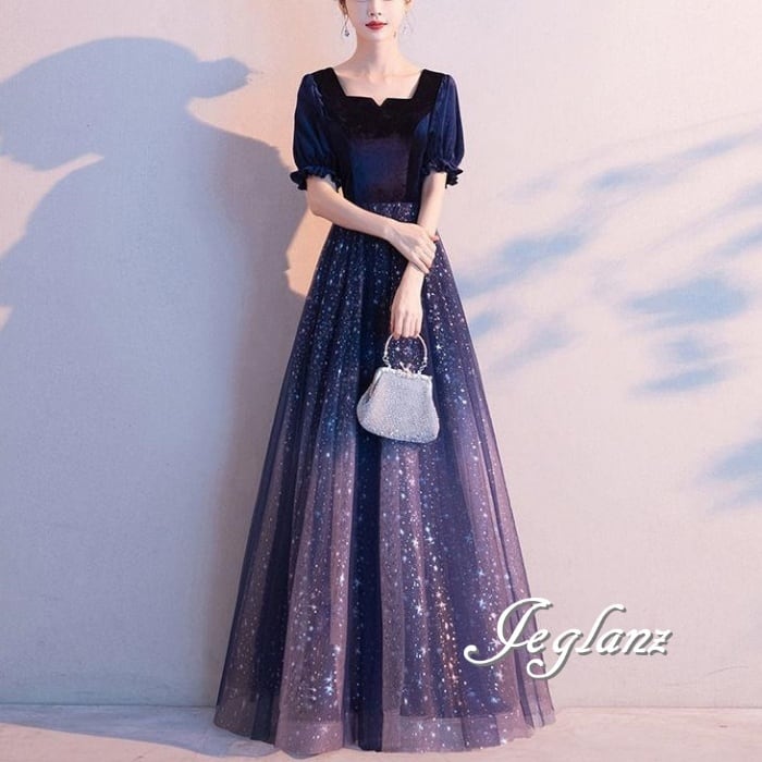 パーティ イブニングドレス 異素材 ミックス キラキラ 光沢感 襟 3パターン(M3212)ζ