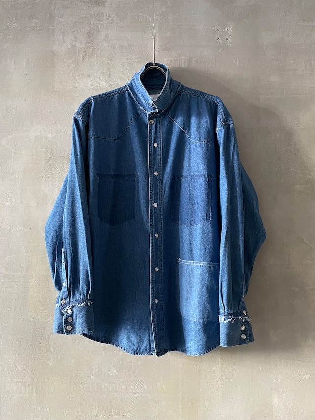 TrAnsference reconstructed raw finish western denim shirt - indigo