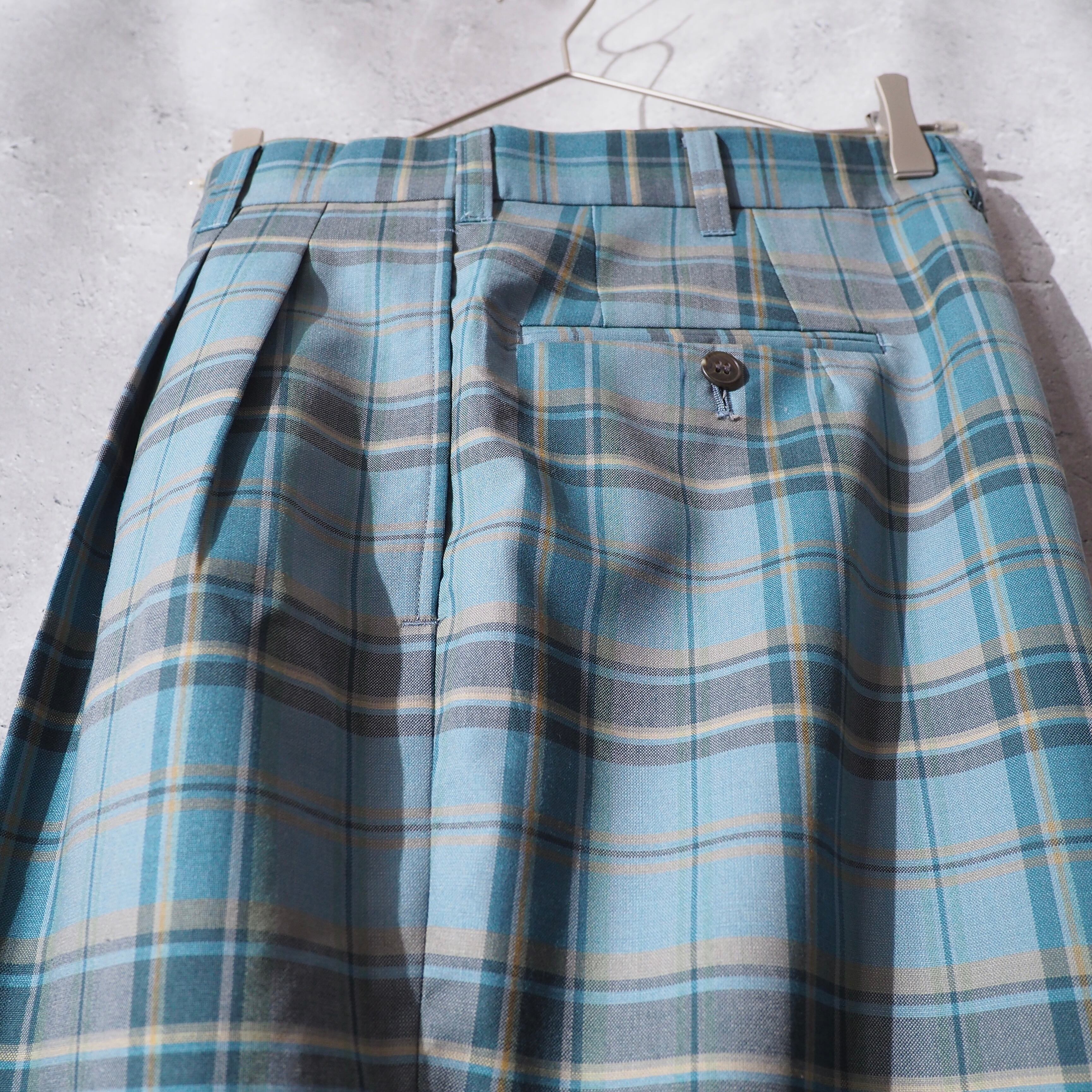 1990s Beautiful Ice Blue Check Color Vintage Loose Wide Slacks Pants